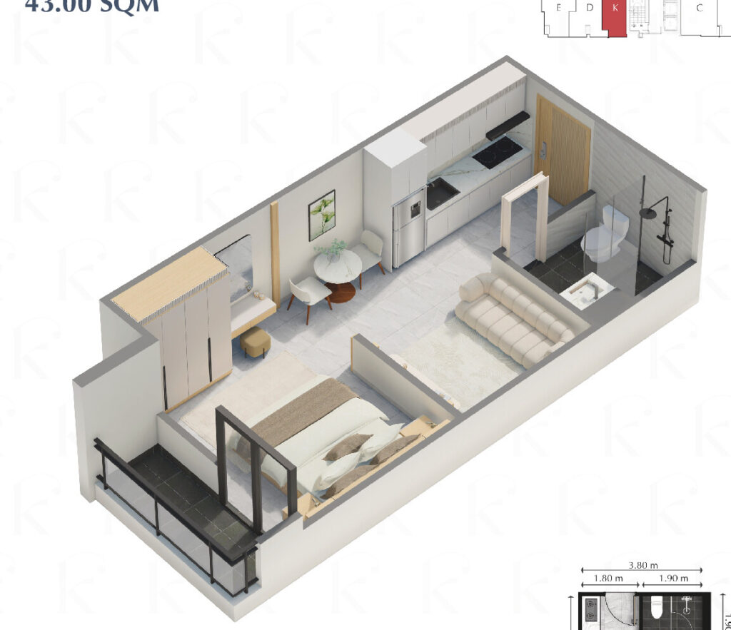 1 Bedroom – Type K floor plan 2