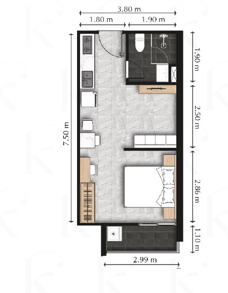 1 Bedroom – Type K floor plan 3